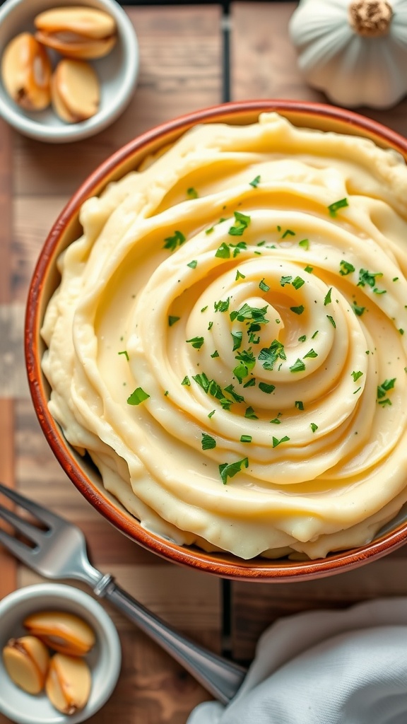 Creamy garlic mashed potatoes in a bowl, garnished with parsley, on a rustic table with roasted garlic.